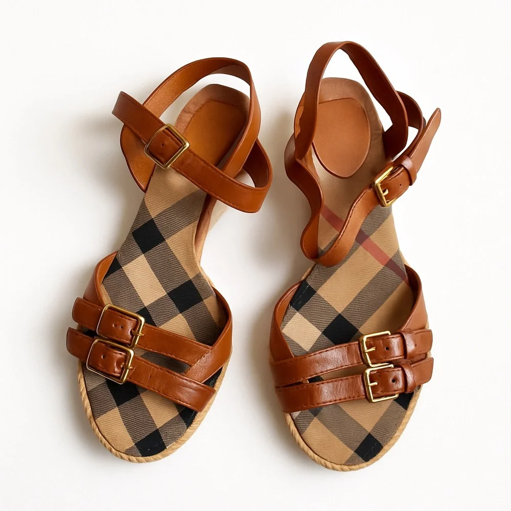 Burberry Tan Leather Check Canvas Espadrille Wedge Sandals Italy Size 35 in GUC